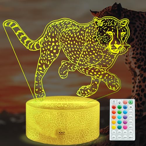 Image of Cheetah Night Light, 3D Illusion Lamp with 16 Color Changing Modes, Remote Control Timer and Dimmable, Kids Boys Girls Room Decoration, Holiday Xmas Gifts