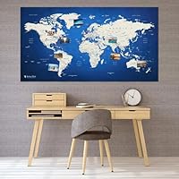 XXL World Map as Pin Board | Travel Destinations and Holidays | Map Made of Fine Fleece in Blue | 130 x 70 cm Includes 20 Flags