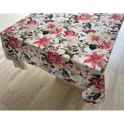 1KDreams Mantel de mesa de algodón, diseño floral, fondo blanco mariposas y flores Cover