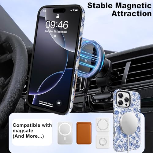 Image of Magnetic for iPhone 16 Pro Case with Finger Strap Kickstand [Compatible with Magsafe] Cute Flower Floral Pattern Design, Dual-Layer Shockproof Protective Cover for Women Men, Blue