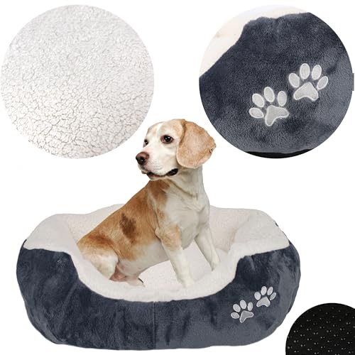 Domarex Hundebett Katzenbett 57x52x16 cm weich und flauschig - gemütliches Haustierbett mit erhöhtem Rand - Anti-Rutsch-Boden - robust, pflegeleicht - Kuschelbett für Hund & Katze - Weiß/Grafit