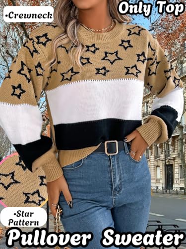 Star Sweater,Color Block Crew Neck Fall Sweaters for Women,Cute Long Sleeve Knit Tops2
