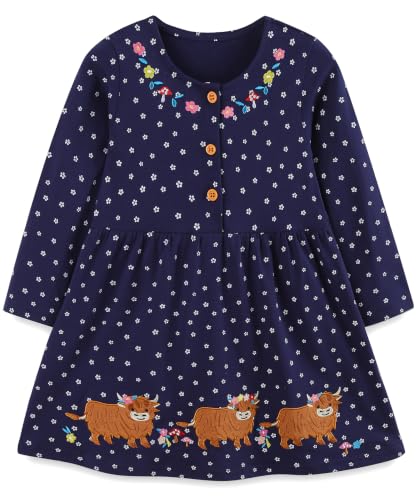Hongshilian Girls Cartoon Dress Applique Party Dresses Casual Jersey Cotton Long-Sleeved(4T,Floral&Cows)