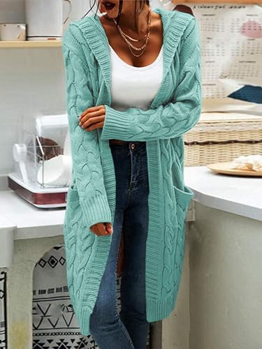 Image of Women Hooded Open Front Cardigan Cable Knit Chunky Long Sweater Coats | solid color, cable knit ,long duster cardigan,chunky coatigan,winter ,falll ,side pockets