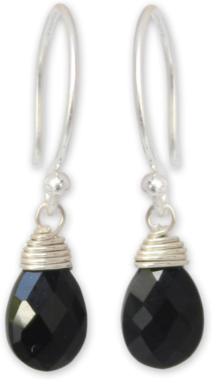 NOVICA Artisan Handmade Black Spinel Dangle Earrings | .925 Sterling Silver | Thai Jewelry | 'Glowing Exotic'