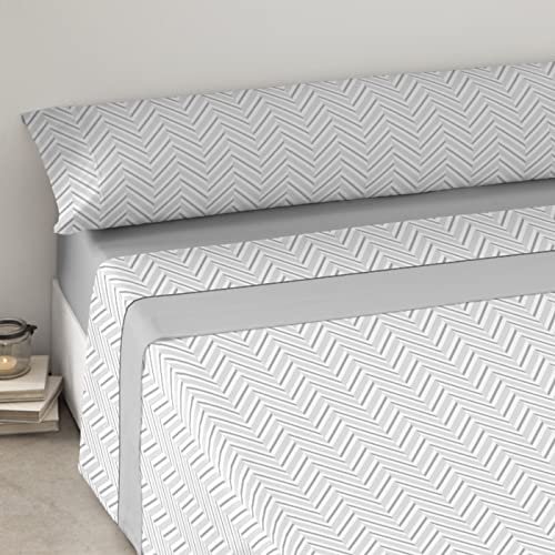 MERCURY TEXTIL – Juego Sábanas de Cama de Verano y Entretiempo. Estampadas 3 Piezas, Incluye Funda de Almohada + Encimera + Bajera Ajustable, 50% algodón/50% poliéster (Cama 135, Zig Zag Gris)