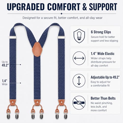 Image of Men's Heavy Duty Y-Back Suspenders, 6 Strong Metal Clips Adjustable Elastic Straps for Work, Tuxedos, and Daily Wear