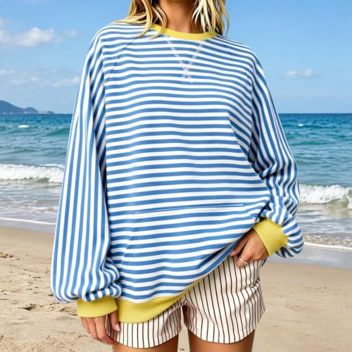 Generic Womens Striped Crewneck Long Sleeve Sweatshirt Casual Soft Fall Top - image 2