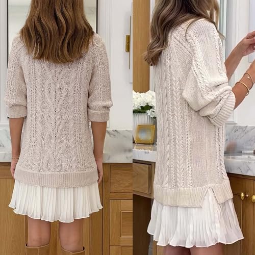 Women Crewneck Cable Knit Sweater Mini Dress, Plus Size Pleated Skirt Dress Casual Crew Neck Twofer Style Dress4
