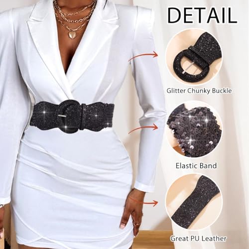 Women Wide Elastic Waist Belt for Dresses Glitter Sequins Wide Belt Gold Strethy Cinch Waistband for Ladies3