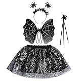 Yolyoo Halloween Spider Costume Set Spider Wings Skirt Set with Headband and Magic Wand Halloween Black & Silver Spider Webs Costume Tutu Skirt For Dress up Cosplay
