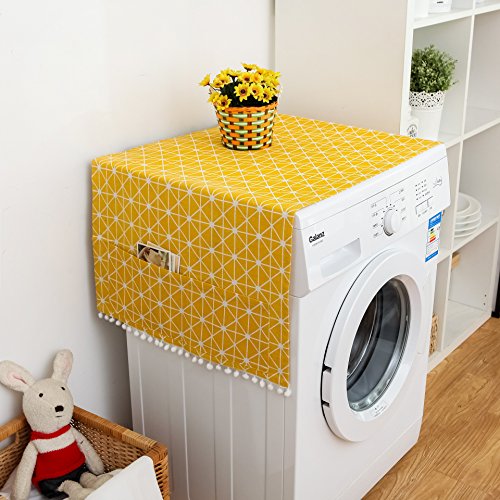 Image of Dust-Proof Refrigerator Cover Cotton Washing Machine Top Protector with Side Storage Bags Universal Cover Cloth for Home and Kitchen (Yellow Chessboard)