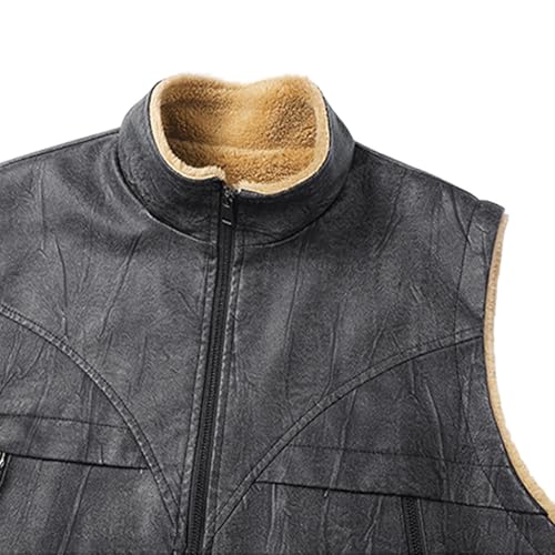 Mens Winter Faux Leather Vests Stand Collar Fleece Lined Vest Warm Casual Sherpa Sleeveless Jacket with Zip Pockets4