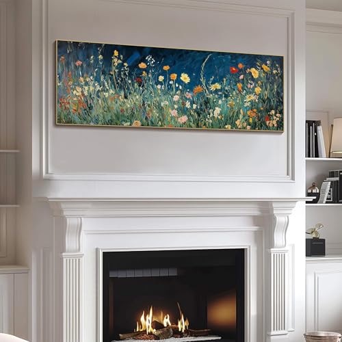 Peinture murale 3D fleurs sauvages colorées grande toile bleue 50x150 cm