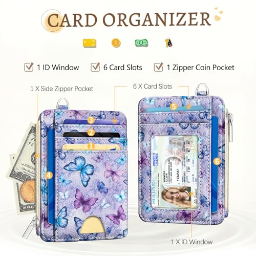 Image of Kelvoris Butterfly Credit Card Holder Slim Wallet Women Small RFID Keychain | Keychain, Zipper Coin Pocket, Front Pocket Thin Travel Card Case, Minimalist, 6 Card Slots, 1 ID Window, Ladies Gifts Woman