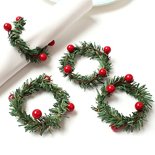 XIADUNAI Christmas Napkin Rings Set of 4, Pine Needles Wreath with Red Berry Napkin Holder for Winter, Family Gathering, Banquet, Xmas Serviette Buckles for Table Setting