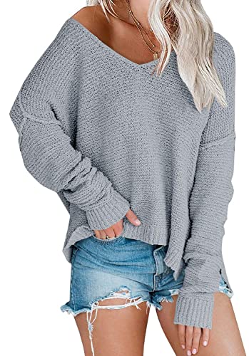 Image of Women's Off Shoulder Knit Sweaters Oversized V Neck Long Sleeve Loose Lightweight Pullover Tops
