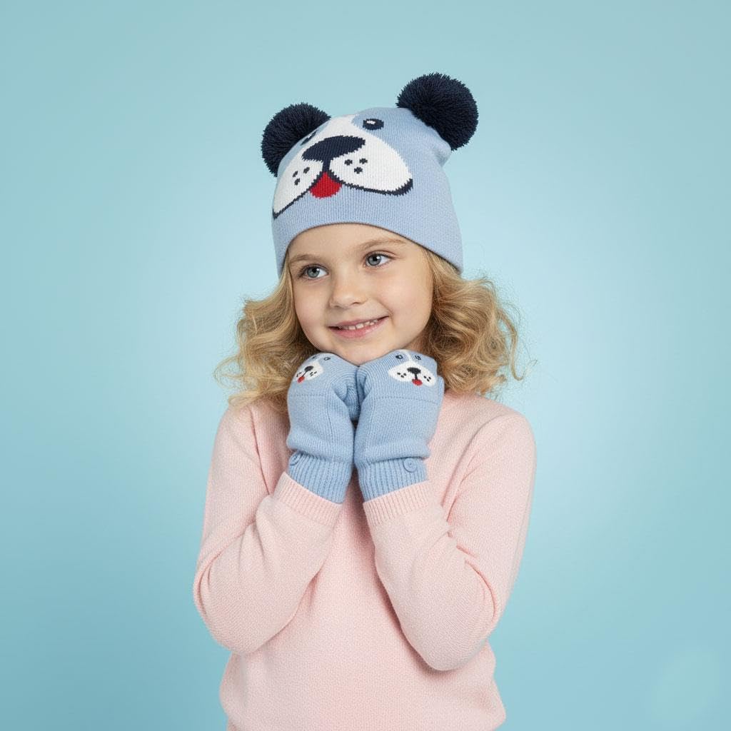 A2Z 4 Kids Girls Boys Hat Dog Animal Mitten Set Durable Stylish Winter Warm Cozy Comfortable Beanie Caps Mitten Sets