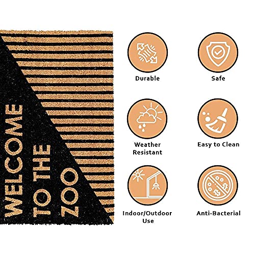 Image of Onlymat inchWelcome to The Zoo Anti-Slip Doormat, Coir with PVC Backing, Rectangular (75x45cm), Black /Brown - for Entryway, Outdoor, Home, Living Room, Hall & Door Use.