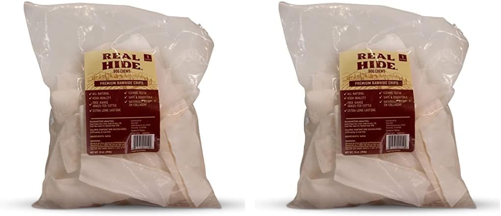| All Natural Dog Chew Treats - Premium Rawhide Chips - Long Lasting Grass Fed Free Range Beef Hide - Small/Medium/Large Dogs - 1 Pound (Pack of 2)