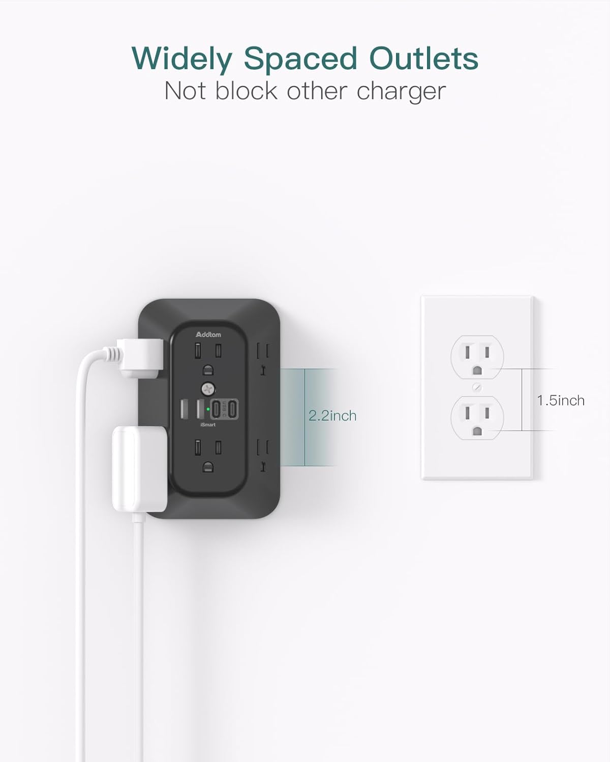 Addtam Surge Protector Outlet Extender, 6-Outlet Splitter with 4 USB Wall Charger(2 USB-C Ports), Multi Plug Wall Outlet 1800J Power Strip for Home Office Dorm Room Essentials, Black