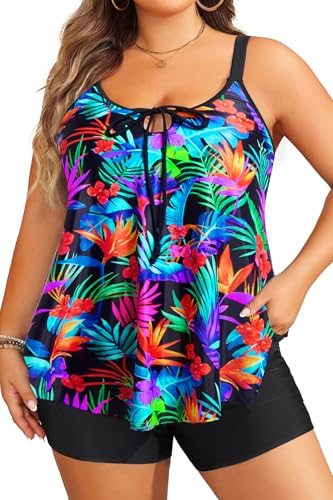 Daci Colorful Leaves Women Plus Size Tankini Swimsuit - 2 Piece Flowy Plus Size Bathing Suits and Shorts with Pockets 2025 22 Plus