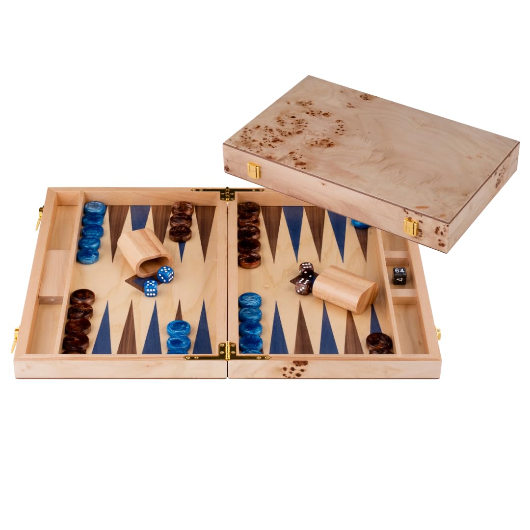 Engelhart-250552, Backgammon Wooden 15 Inch (38 cm) Luxury Burl Wood Case Walnut Inlay, Open 48 × 38 cm, Blue/Brown Pieces