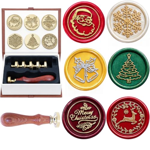 SWANGSA Christmas Wax Seal Stamp Kit 6Pcs Stamp Heads and 1 Wooden Handle