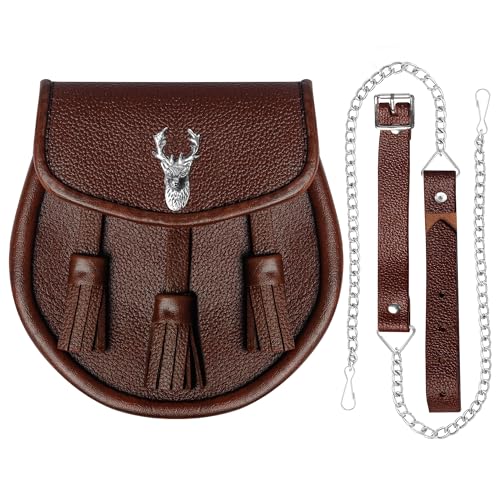 Image of Scottish Original Leather Sporran with Leather Belt & Chain (Brown Leather Stag Head Sporran)