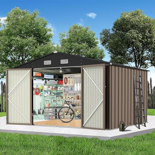 8x8 FT Outdoor Metal Storage Shed, Steel Utility Shed Storage, Metal Shed Outdoor Storage with Lockable Door Design with Sloped Roof for Backyard, Garden, Patio, Outdoor Use, Brown