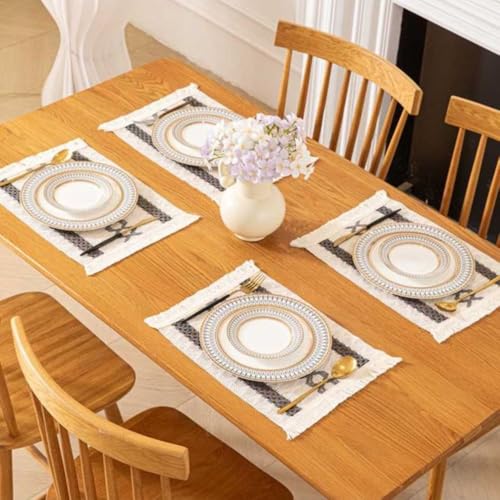 Image of HomeCloud Croshia Woven Table placemat - Heat Resistant, Washable Table Decoration for Dining, Office, Kitchen, Hotel, and Home (Rec White Grey, Set of 2)