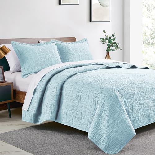 Love's cabin California King Size Quilt Set Spa-Blue Bedspreads - Soft Summer Lightweight Polyester Bedspread- Modern Style Coin Pattern Coverlet for All Season - 3 Piece (1 Quilt, 2 Pillow Shams)