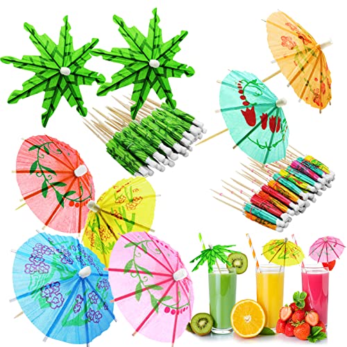 Drink Umbrellas Cocktail Picks, 210 Pcs Hawaiian Umbrella Cocktail Picks Parasol Cocktail Coconut Palm Tree Umbrellas Sticks With Wood Toothpicks For Tiki Bars, Fruit Plate And Birthday Party,7 Colors #TOP6