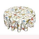 Floral and Birds Tablecloth 60 Inch Round Watercolor Flower Table Cloth Washable Farmhouse Spring Su