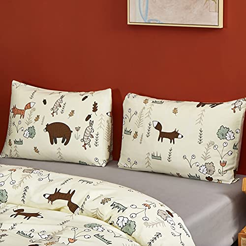 Karever Yellow Bear Bedding Set Twin Kids Cotton Duvet Cover Set Cartoon Bear Fox Rabbit Forest Pattern Printed On Cream Comforter Cover Set For Toddler Boys Girls #TOP5