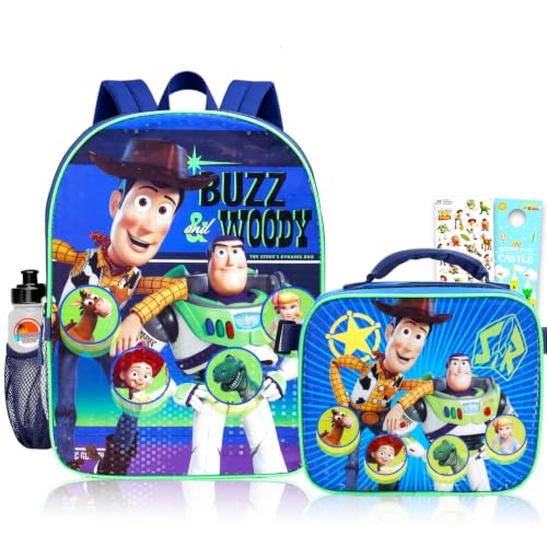 Disney Mochila Toy Story com conjunto de lancheira – Pacote com mochila Woody e Buzz Lightyear de 40,6 cm, lancheira, garrafa de água, adesivos, mais | Conjunto de mochilas escolares Toy Story 5 para