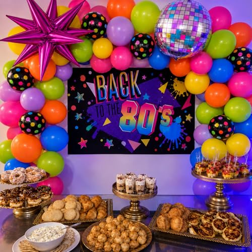 Image of Neon Balloons, 12Inch Disco Rainbow Balloons, Hot Pink Blue Green Orange Purple Colorful Dot Latex Balloon with Star and Disco Ball Foil Balloon for Retro 80s 90s Music Rock Theme Birthday Party Decor