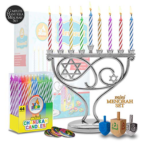Ner Mitzvah Mini Menorah Set - Menorah, 44 Mini Candles, 3 Dreidels, Play