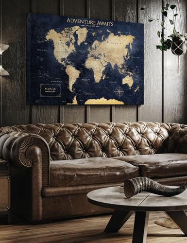 Image of IPIC - Canvas World Maps for Wall Decor, Push Pin Board Decor to Mark Travels, Oversize World Travel Map Print for Home, Office, Study, and RV, Ready to Hang