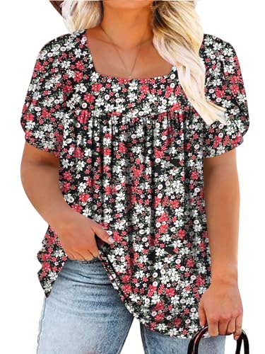 VISLILY Womens-Plus-Size-Summer-Tops Petal Short Sleeve T Shirts Square Neck Blouses Flowy Pleated Tunics XL-5XL