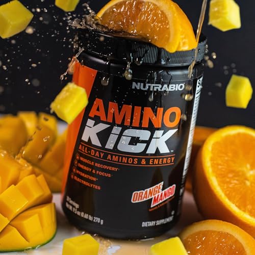 Image of NutraBio Amino Kick - BCAA Powder with Natural Caffeine - Amino Acids Supplement for Energy, Hydration & Recovery - BCAAs, Electrolytes & Amino Acids - Orange Mango, 30 Servings