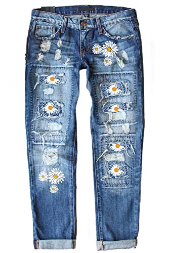 Astylish Womens Daisy Patchwork Destroyed Stretch Loose Boyfriend Jeans Classic Ripped Hole Denim Pants Blue X-Large #TOP28