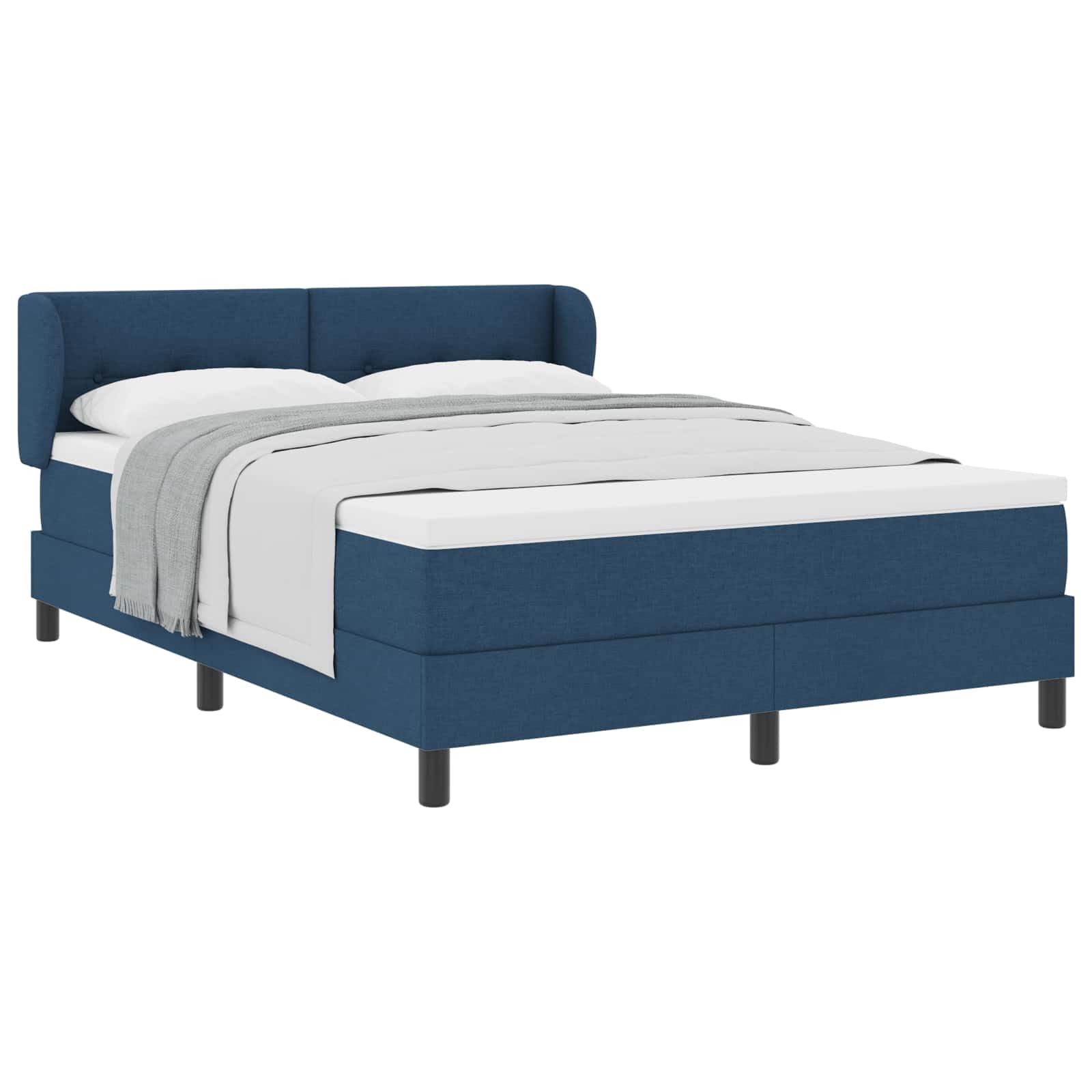 Cama con somier azul, 140 x 190 cm, con colchón y cabecero ajustable, núcleo de muelles ensacados, superficie de descanso de resistencia media, madera y madera de pino, patas negras, diseño