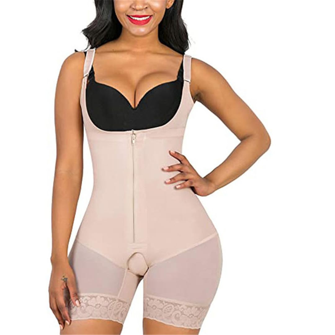 Faja moldeadora posparto para mujeres embarazadas, corsé sin costuras, control de abdomen, faja colombiana, encaje con cremallera, busto abierto, albaricoque, talla XL