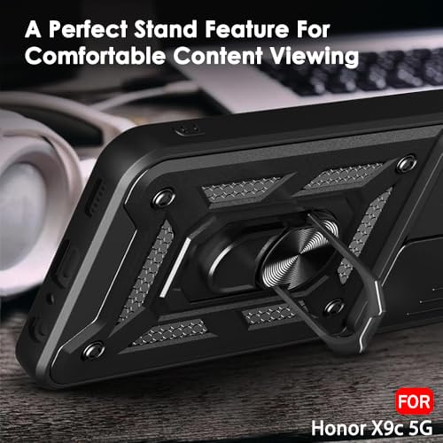 Image of TheGiftKart Tough Armor Bumper Back Cover Case for Honor X9C 5G | Rotating Camera Cover, Kickstand & Ring Holder | 360 Degree Protection Back Cover Case for Honor X9C 5G (PC & TPU, Black)
