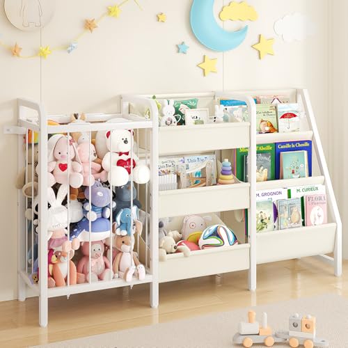 Image of CYXPHION B2 Kids Bookshelf and Toy Storage, 3 Tier Book Shelf for Kids Rooms, Sling Toddler Bookshelf with Stuffed Animal Storage, Montessori Baby Bookcase for Nursery, Bedroom, Playroom, White