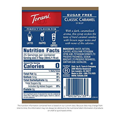Image of Torani Sugar Free Syrup, Classic Caramel, 25.4 Oz, Pack of 4