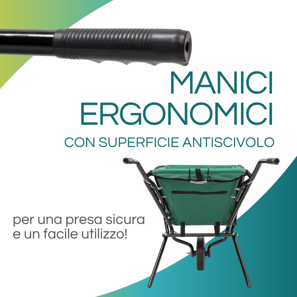 Virsus Carriola Pieghevole capacità 70 Litri 45 kg, Carrello da giardino struttura acciaio, sacca in tessuto, ruota diametro 20cm, ideale per il trasporto di legno, rifiuti da giardino, foglie - (F)