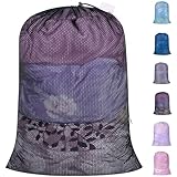 Polecasa Extra Heavy Duty Large Diamond Mesh Laundry Bags with Drawstring Closure & ID Tag, 24 x 36 inches Washable Storage Bag for College, Travel, Sports, Dorms, Black