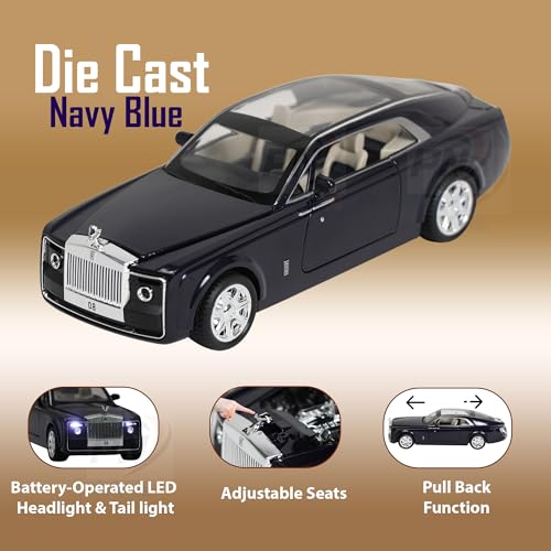 Image of Alloy Metal Pull Back Die-cast Car 1;24 Various Models with Sound & Music, Toy Cars for Kids Durable and Fun Gift for Boys and Girls (Dark Blue- Rolls Royce)